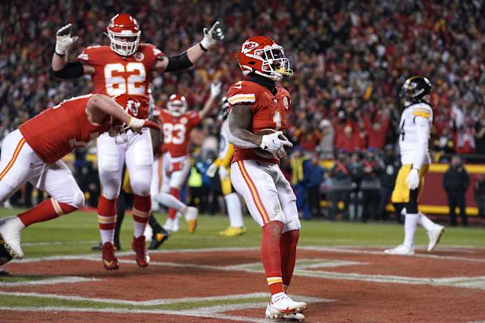 Jan 16, 2022; Kansas City, Missouri, USA; Kansas City Chiefs running back Jerick McKinnon (1) scores a touchdown during the first half against the Pittsburgh Steelers in an AFC Wild Card playoff football game at GEHA Field at Arrowhead Stadium. Mandatory Credit: Denny Medley-USA TODAY Sports